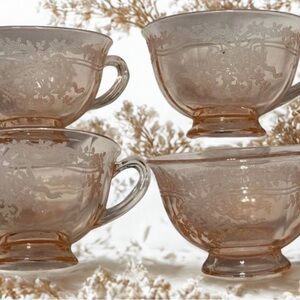Federal Glass SHARON or CABBAGE ROSE Pattern Pink Depression 4 Glass Tea Cups